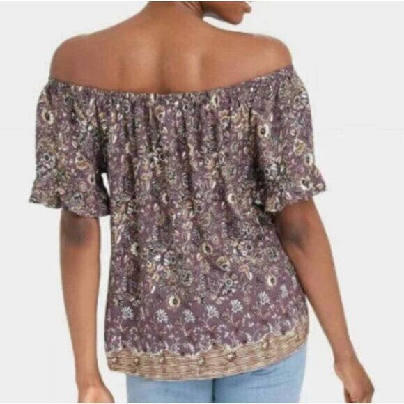 Knox Rose Off Shoulder Floral Top Purple Brown 4X Ruffle Sleeve Boho - Picture 8 of 14
